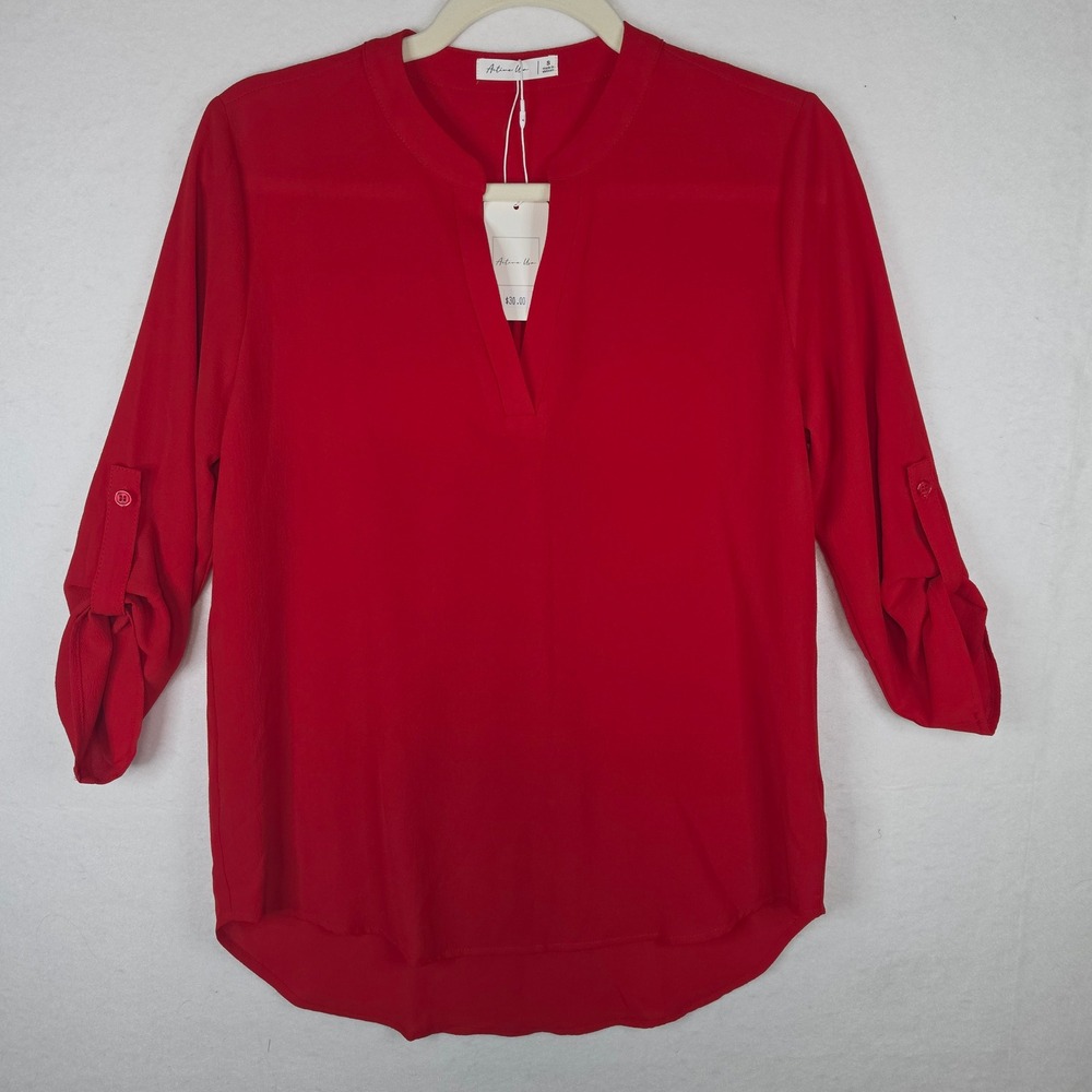 Active USA Red Split V-Neck Roll Tab Sleeve Blouse Small NWT